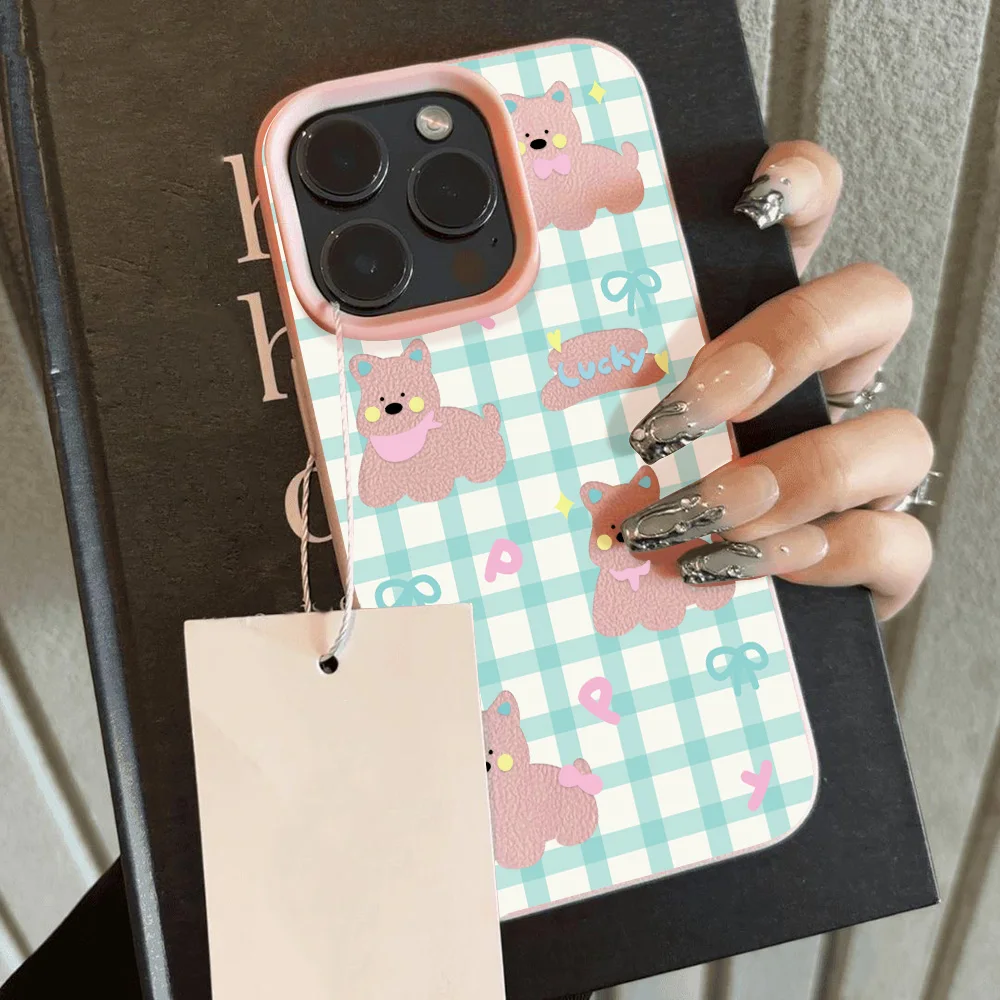 Корейский милый чехол для телефона в клетку iPhone 12 16 13 14 11 15 Pro Max Plus мягкий кожаный