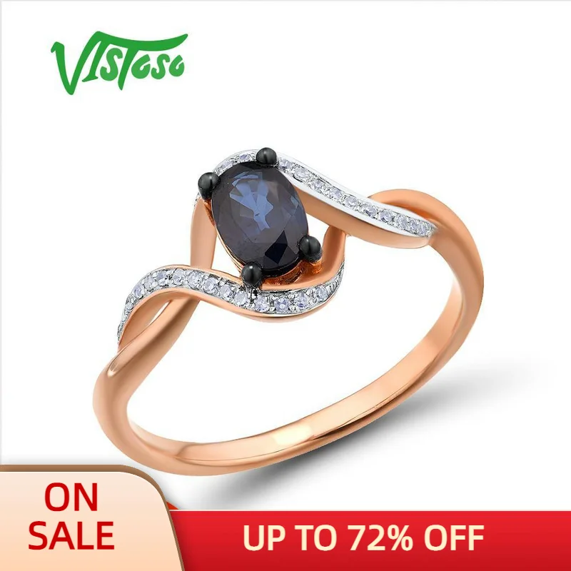 

VISTOSO Gold Rings For Women Genuine 14K 585 Rose Gold Ring Sparkling Diamond Oval Blue Sapphire Luxury Trendy Chic Fine Jewelry