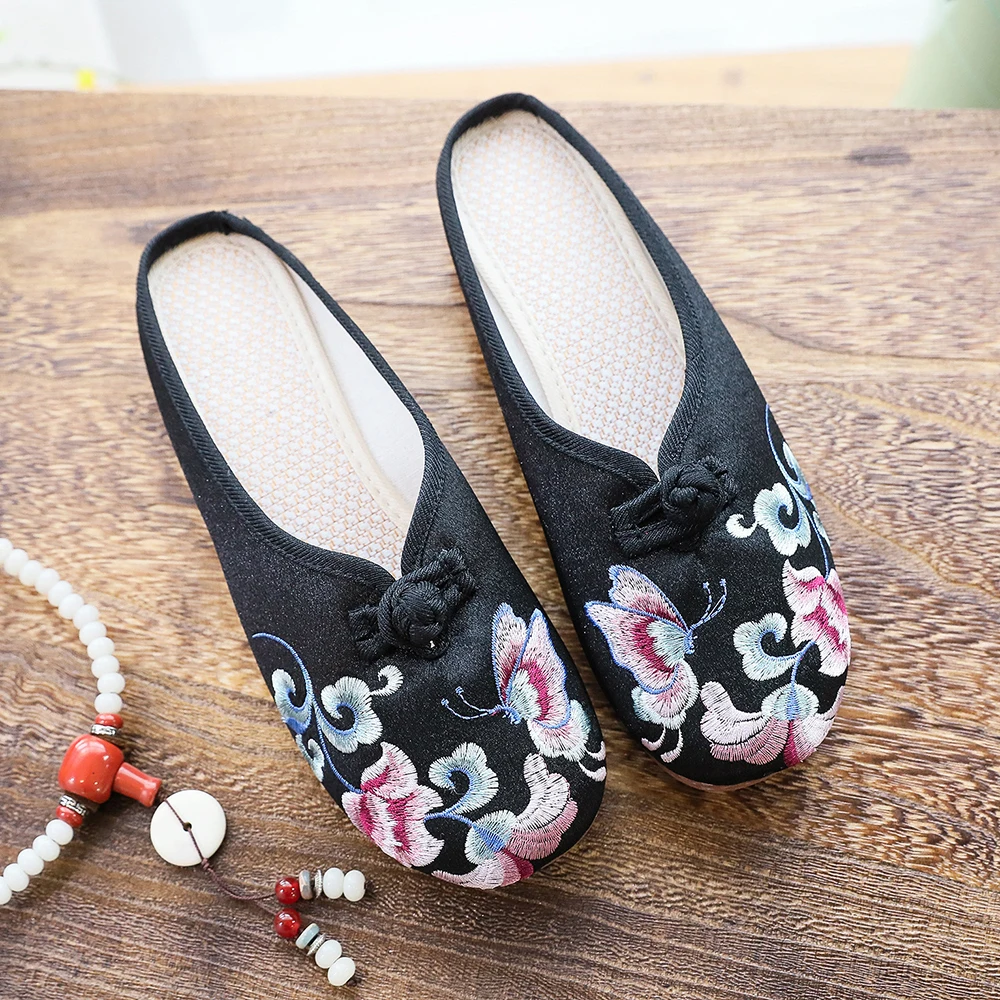 

YourSeason Ladies Satin Cotton Embroidered Comfortable Shoes Women Casual Flat Mules Vintage Non-Slippery Slippers Closed Toe