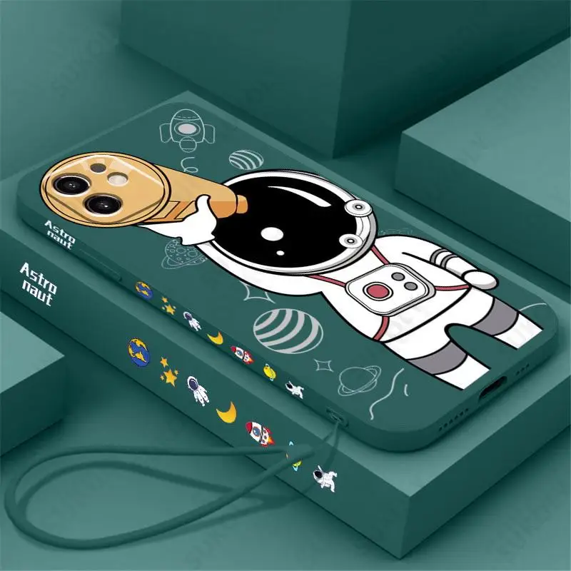 

Cute Astronaut Hand Lanyard Phone Case For iPhone 13 12 11 Pro Max XS Max XR X 8 7 Plus Liquid Silicon Soft Bumper Back Cover