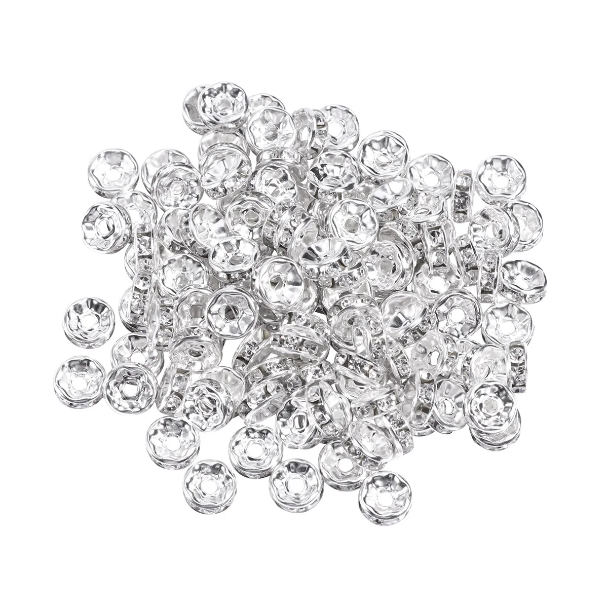 

100pcs Rhinestone Rondelle Spacer Bead Plated 8mm Beads Findings for Jewelery Making DIY Craft (Silver)
