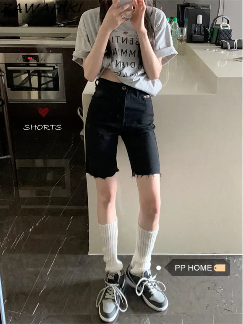 

Summer Fashion All Match High Waist Denim Pants Women Knee Length Casual All Match Y2K Aesthetic Frayed Chic Jeans Ropa Mujer