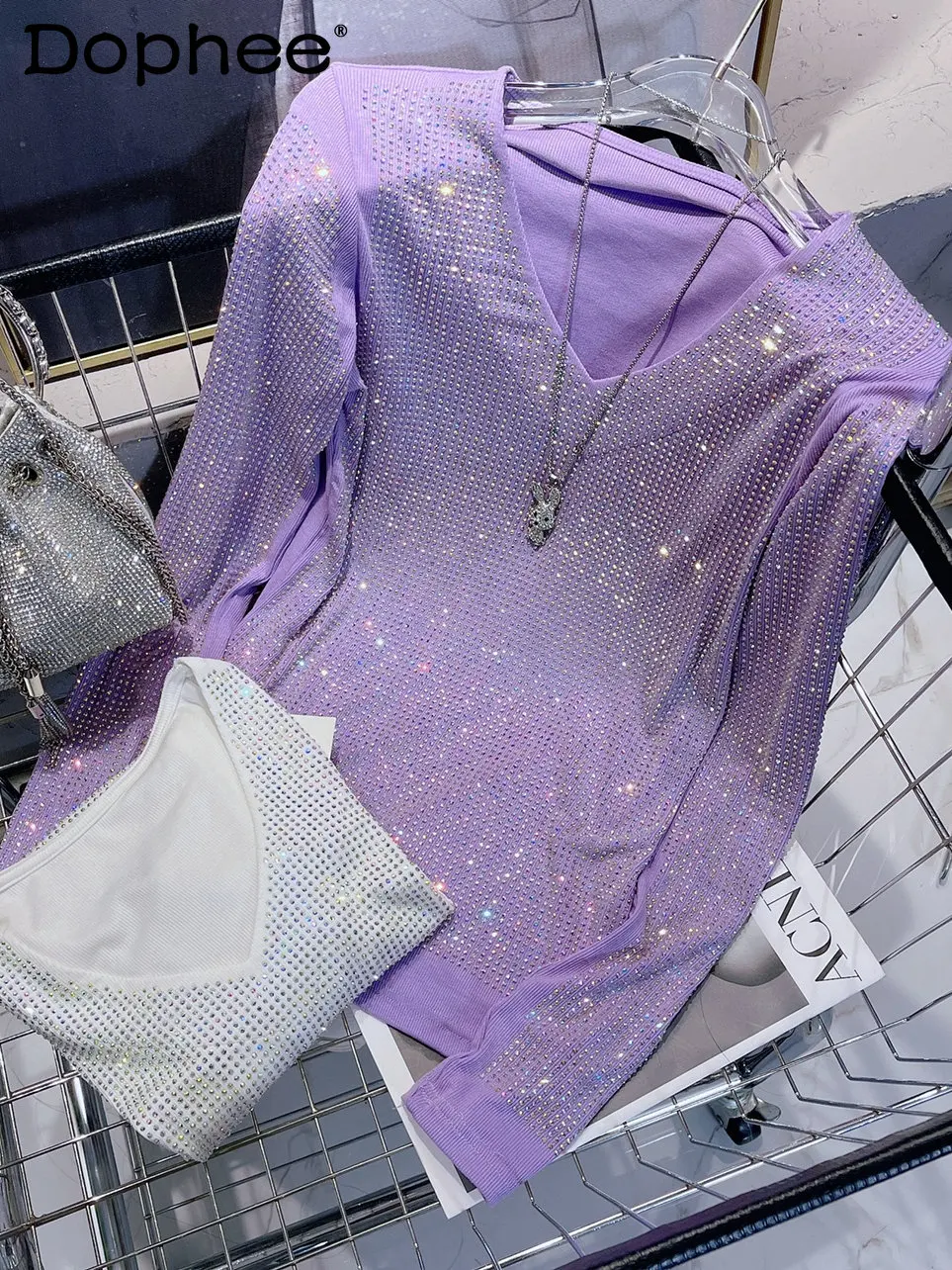 

Heavy Embroidery Hot Drilling V-neck Bottoming Shirt Women Spring New Elastic Slim Fit Sweet T Shirt Top Full Diamond Purple Top