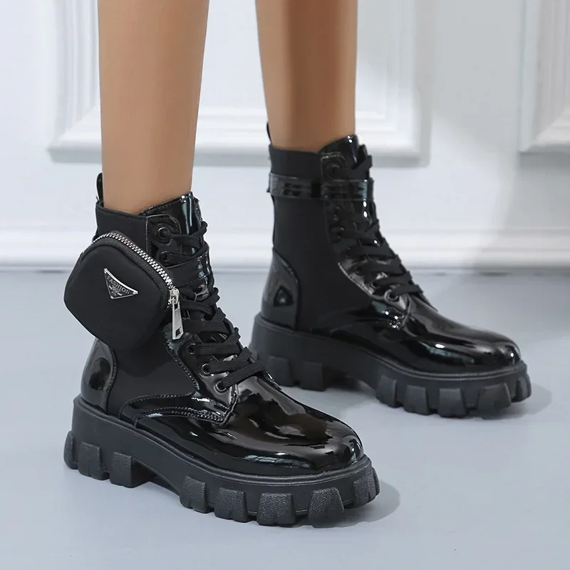 

Fashion White Punk Ankle Platform Motorcycle Boots Women Lace Up Chunky Heel Belt Buckle Pocket Designer Shoes Women Boots