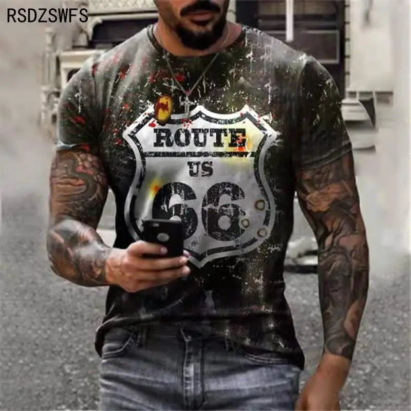 Summer Men's T-Shirt Street Fashion U.S. Highway 66 Personalized Printing 3D Clothes；Large Size Men’s Top Loose Pullover |