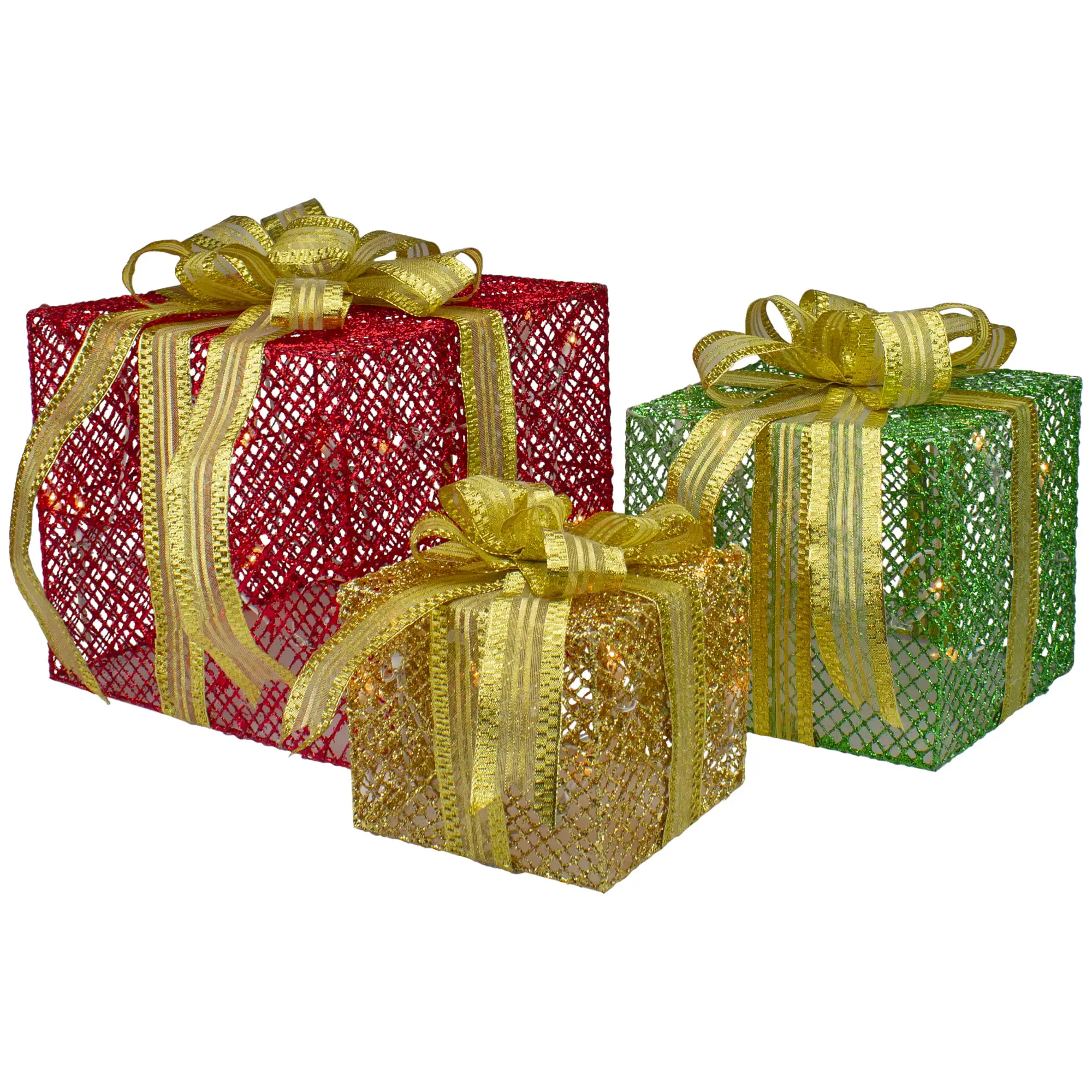 

Northlight Set of 3 LED Lighted Red, Green and Gold Glitter Gift Boxes Outdoor Christmas Decoration