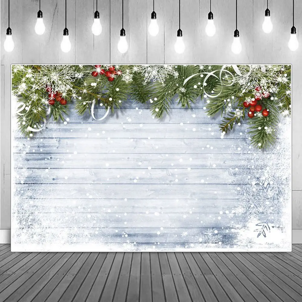 

Pine Holly Snowflake Wooden Plank Boards Christmas Photography Backgrounds Custom Baby Party Decoration Photo Booth Backdrops