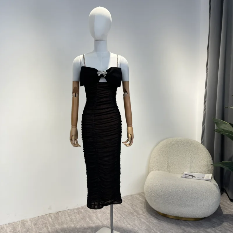 

Top Quality Autumn 2023 Solid Black Beading Crystal Bow-tie Front Women Bodycon Sexy Camisole Midi Dress for Party