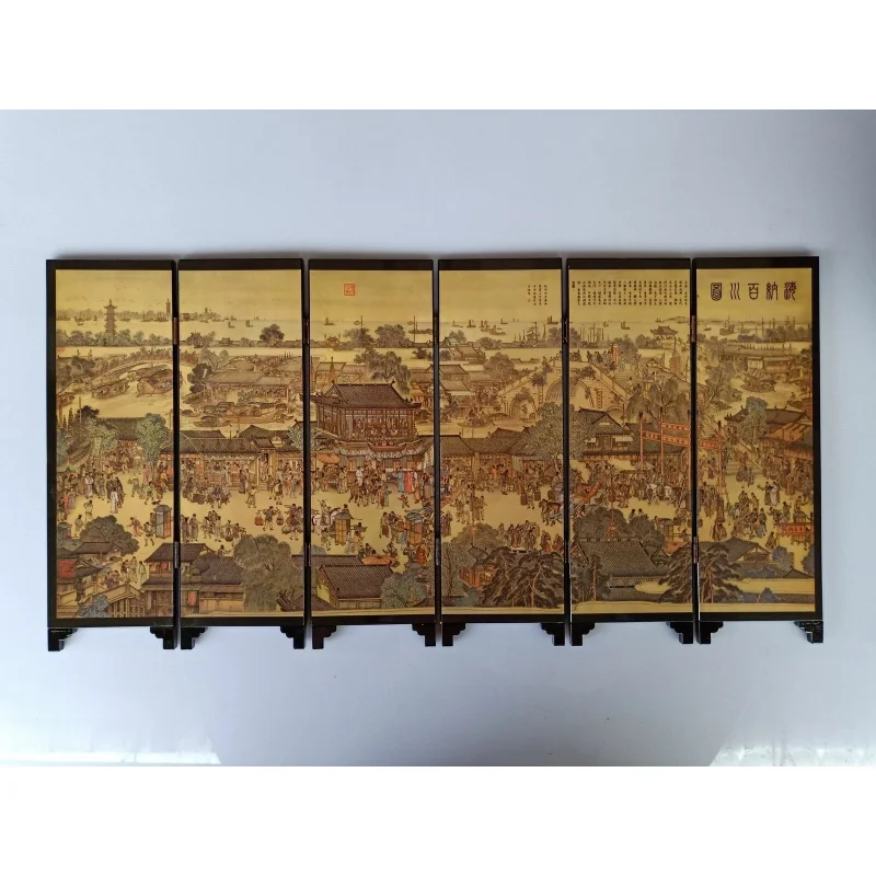 

18.5" China Lacquer Ware Ancient Mountains Rivers Landscape Folding Screen All Rivers Run into Sea