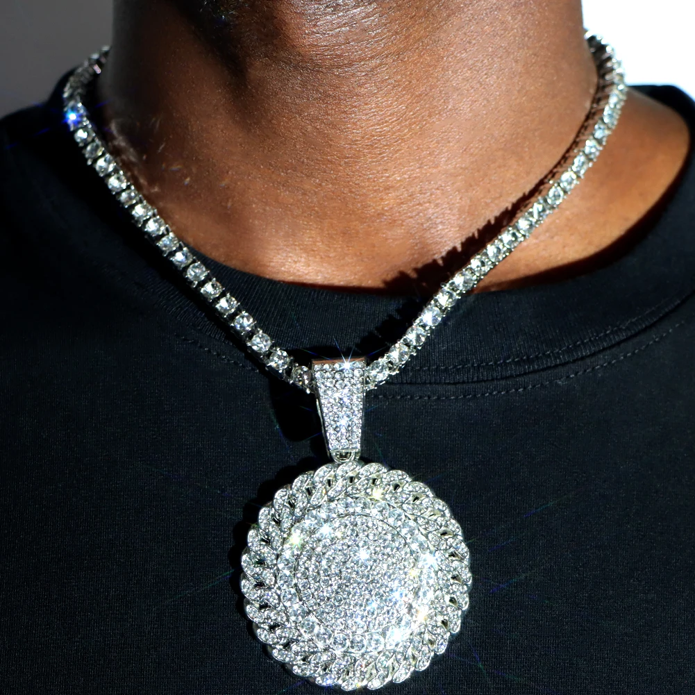

Iced Out Full Rhinestones Sunflower Round Pendant Necklace For Men Women 1 Row Crystal Tennis Choker Necklaces Charm Jewelry