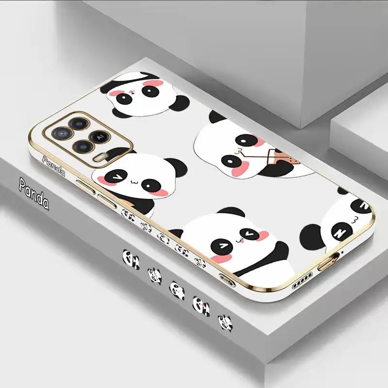 

Five Small Panda Luxury Plating Phone Case For Oppo A15 A15S A16 A16K A54 A55 A92A76 A77 A78 A53 A94 A95 A83 F19 Cover