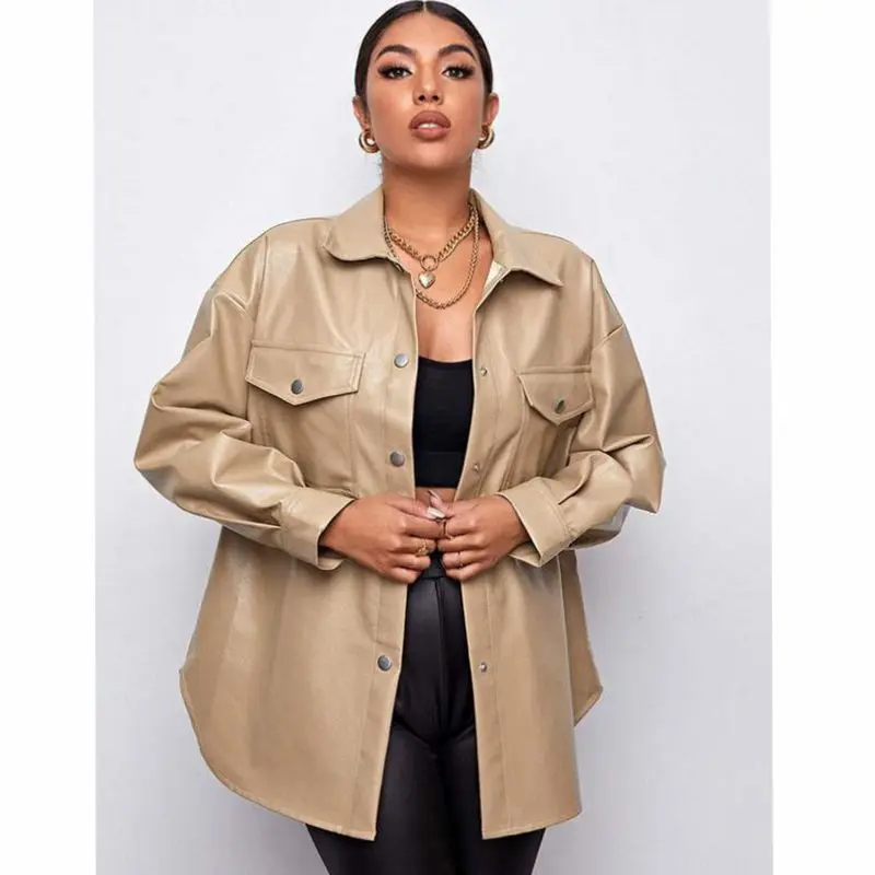 Autumn PU Coat Women Loose Cardigan Faux Leather Coat Women Long Sleeve Single Breasted Turn-down Collar Pocket Splicing Coat