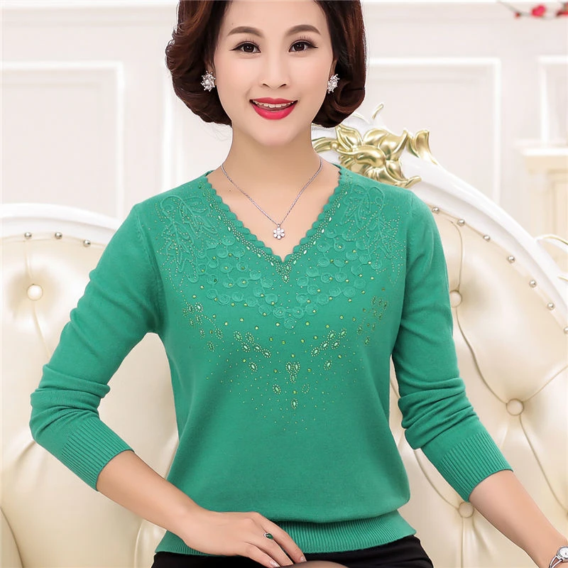 

Elegant V-neck Knitting Pullovers Women Spring Long Sleeve Diamonds Thin Sweater Chic Solid Color Mom's Knitting Tops Ladies