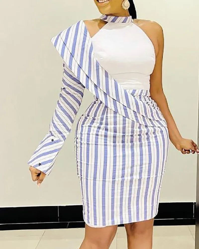 

Women Spring Summer Fashion Casual Mini Dress Blue Striped Asymmetric Turn-Over Shoulder Long Sleeve Character Tight Dress