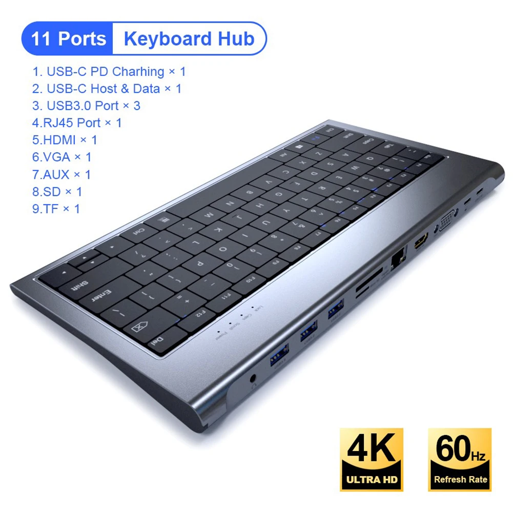 

Многофункциональная док-станция 11 в 1 с Usb C и клавиатурой 100 Вт PD, 4K HDMI, VGA, Ethernet, кардридер, USB 3,0, Aux USB C HUB