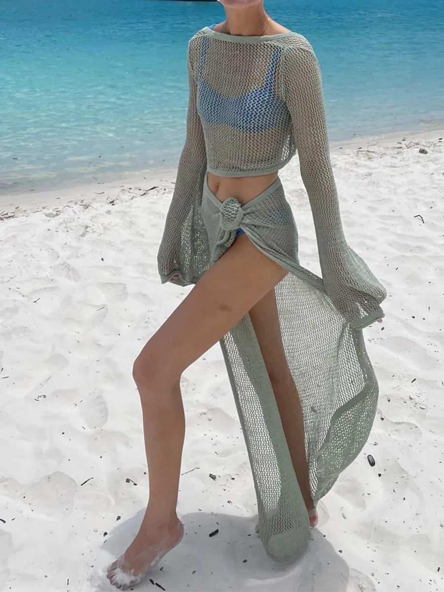 

Женская пляжная одежда из 2 предметов, накидки на бикини, сексуальные вязаные укороченные топы с длинным рукавом и длинная юбка с разрезом, вязаный крючком комплект