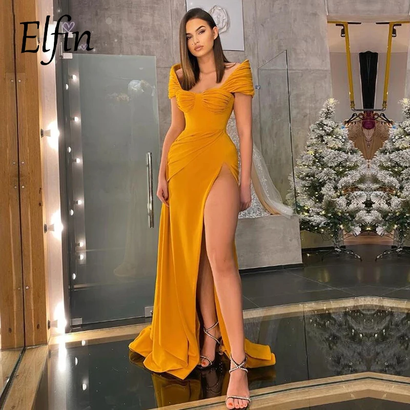 

Elfin High Side Split Satin Evening Dresses Off Shoulder Elegant Lady Handmade Formal Party Prom Robe Vestidos De Fiesta