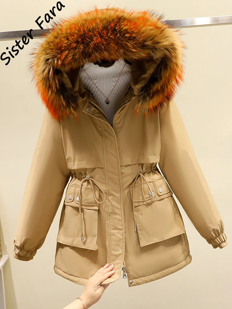 

Sister Fara Winter Women Fur Collar Parkas Three Ways Wear Winter Fur Parka Jackets Loose Hooded Thicken Warm Padded Coat Female