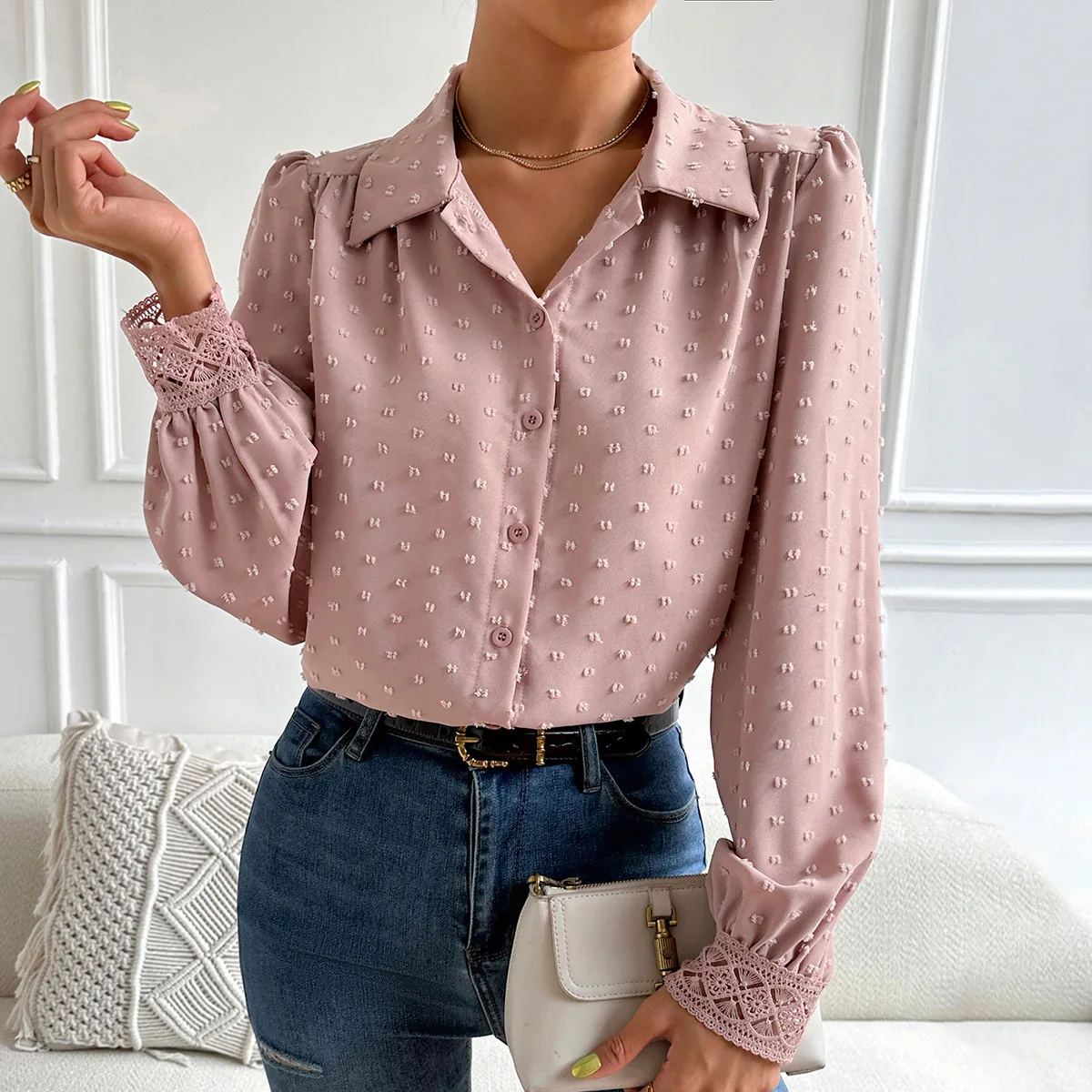 

Yeuxverts Summer Lace Spliced Long Sleeve Top Shirt Blouse Fashion Office Ladies Pink Shirt Women Polka Dot Blouse Female Blusas