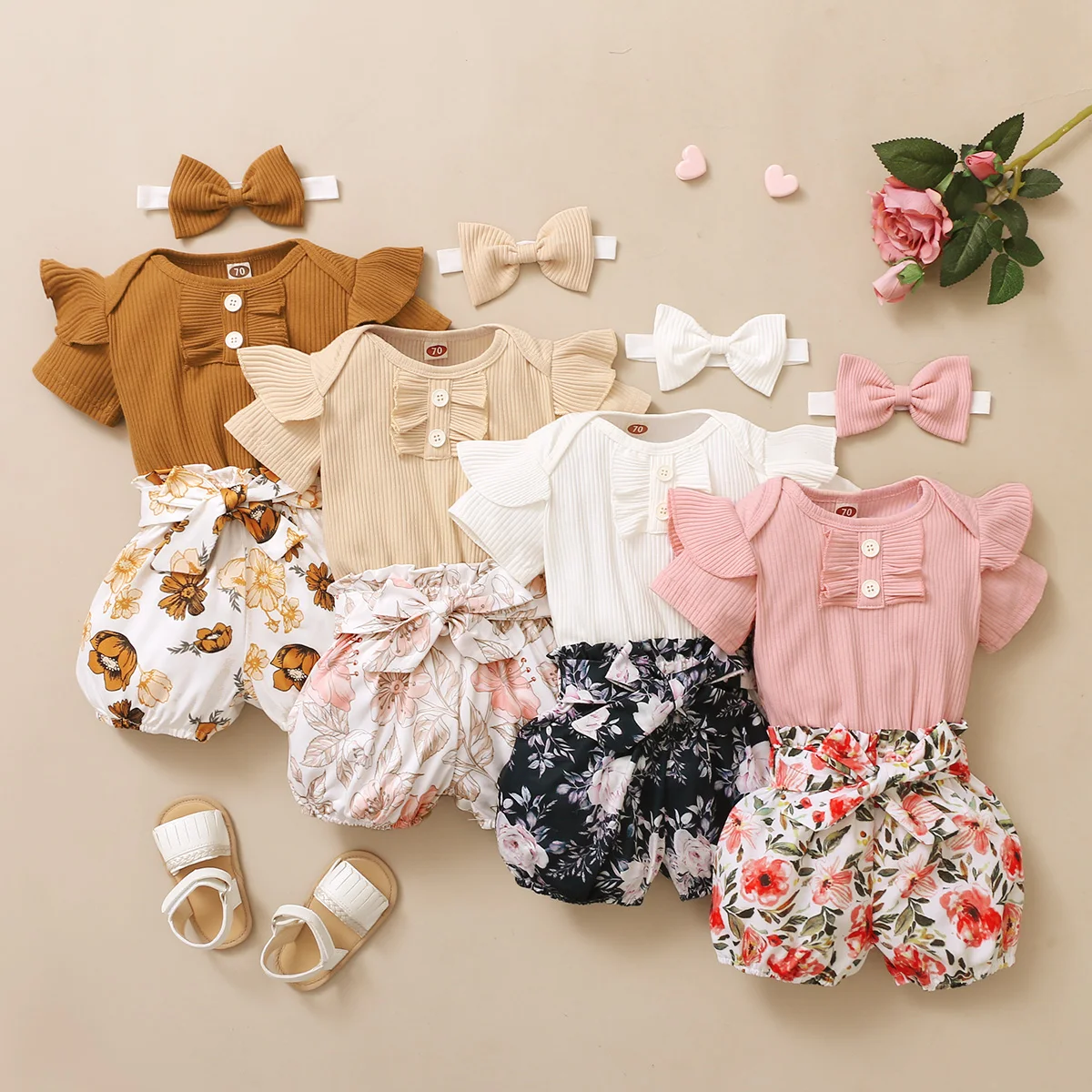 Newborn Baby Girls Clothes Set Toddler Knit Romper Summer New Born Infant Cute Outfit Ruffle Short Sleeve Shorts Headband 3Pcs