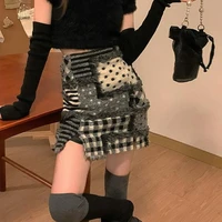 houzhou patchwork woolen skirt women winter korean style plaid striped high waist slim split mini skirts harajuku streetwear