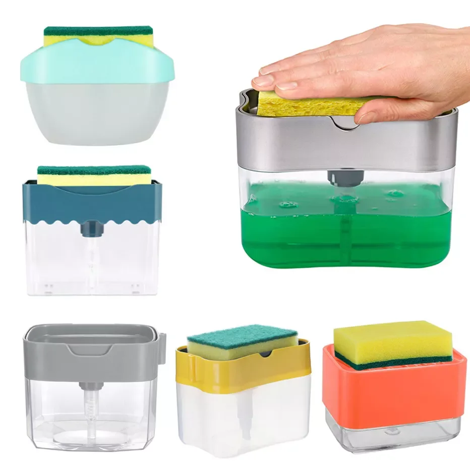 

Soap Dispenser with Sponge Holder Liquid Dispenser Container Hand Press Soap Organizer Kitchen Cleaner Tools