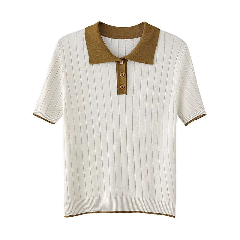 Polo Collar Short sleeve T-shirt Women 2024 New Summer Slim fit Thin Ice Silk Knit Small High Waist Top