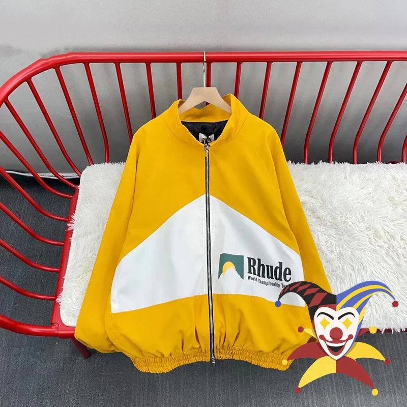 

Yellow Patchwork Splicing Rhude Jackets 1:1 Best Quality Moonlight Sunset Vintage Outwear Pill Zipper Rhude Coats