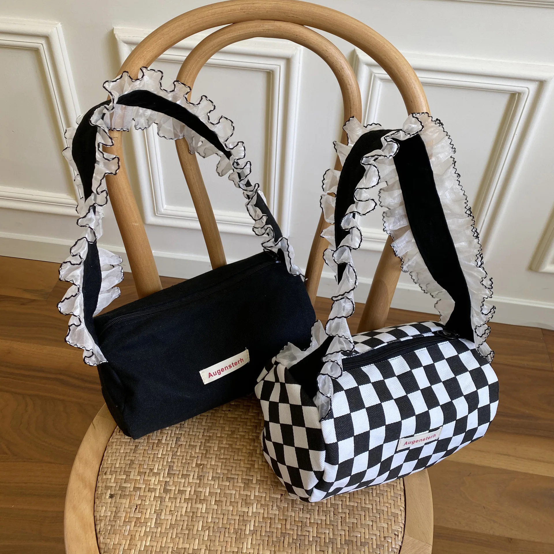 

French Shoulder Canvas Lace Bag Armpit Bag Hand Carry Portable Checkerboard Small Zipper Bags High Quality Design