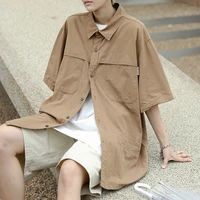 summer cotton short sleeve shirts mens fashion retro pocket casual shirts mens japanese streetwear loose workwear shirts men