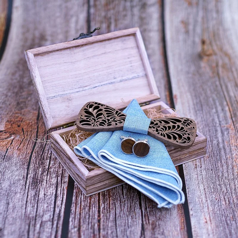 

Handmade Men's Wood Bow Tie And Hankerchief Set With Wooden Case