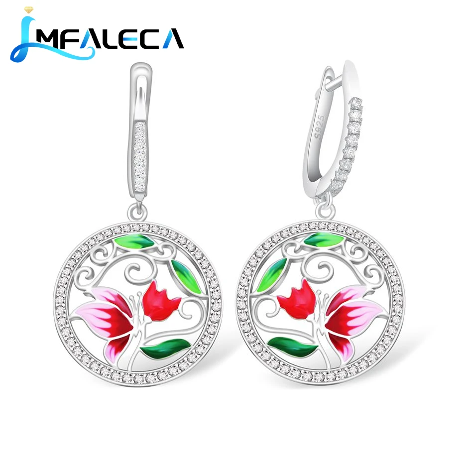 Silver Drop Earrings for Women 925 Sterling Silver Jewelry Red Green Enamel Plant Fine Party Wedding Luxury Jewelry