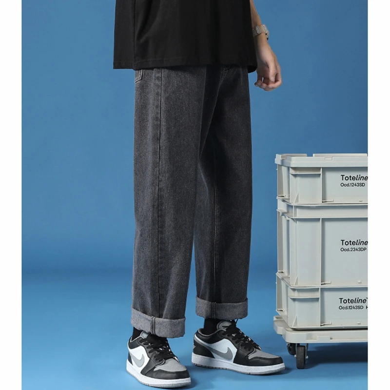 Streetwear Jeans Men's Fashion Solid Color Denim Straight-Leg Pants Trousers Summer Casual Loose Button Mid Waist Wide Leg Jeans