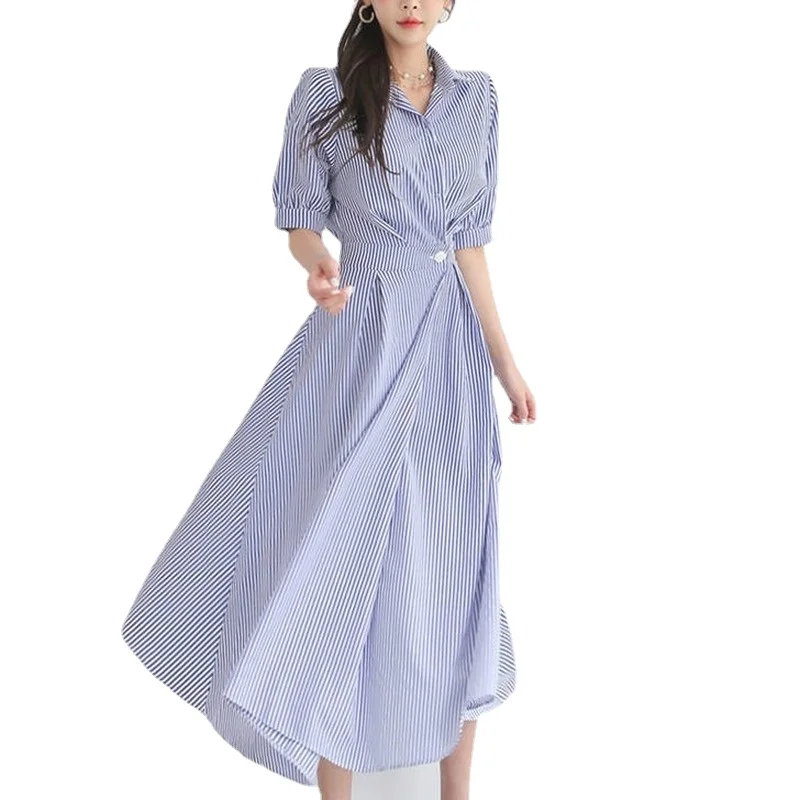 

Женское платье-рубашка средней длины, голубое платье в полоску, повседневное пляжное платье в полоску, на пуговицах, в винтажном стиле, лето 2023