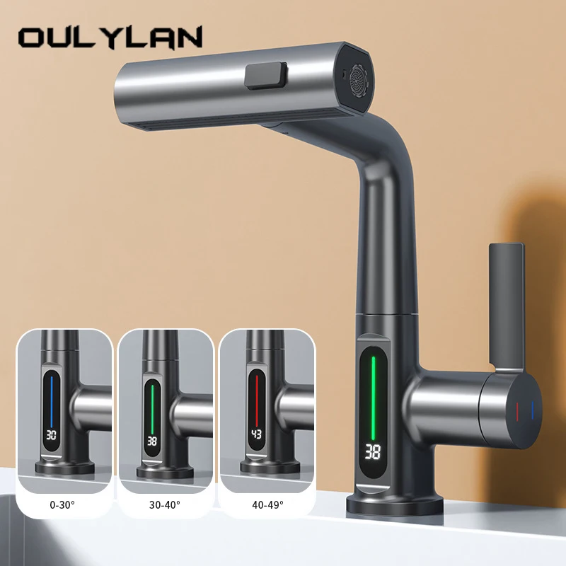 Подъемный смеситель с цифровым дисплеем водопад для раковины распылитель