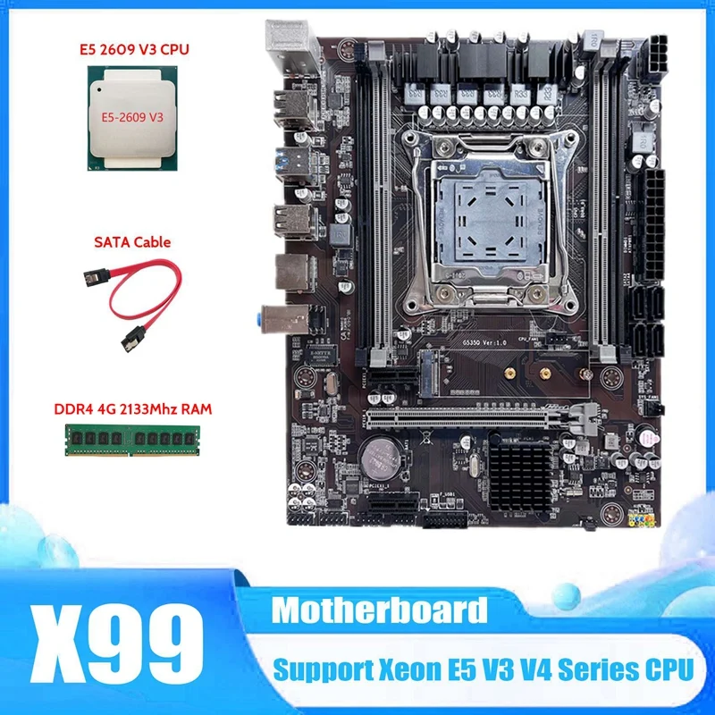 

X99 Motherboard LGA2011-3 Computer Motherboard Support DDR4 ECC RAM With E5 2609 V3 CPU+DDR4 4G 2133 Mhz RAM+SATA Cable
