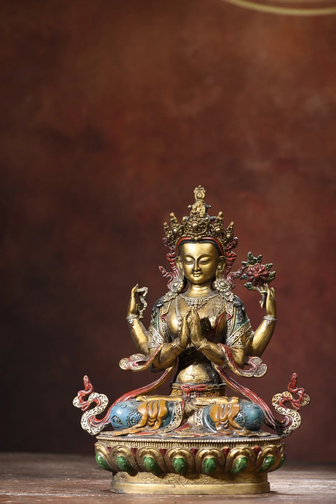 

13"Tibet Temple Collection Old Bronze Painted Four Arm Guanyin Buddha Statue Double Lotus Platform Worship Hall Town house