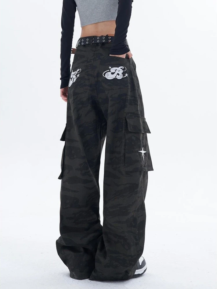 

Женские широкие брюки-багги Y2K, винтажные камуфляжные брюки-карго в стиле хип-хоп, уличная одежда с вышивкой в виде звезд, брюки большого размера