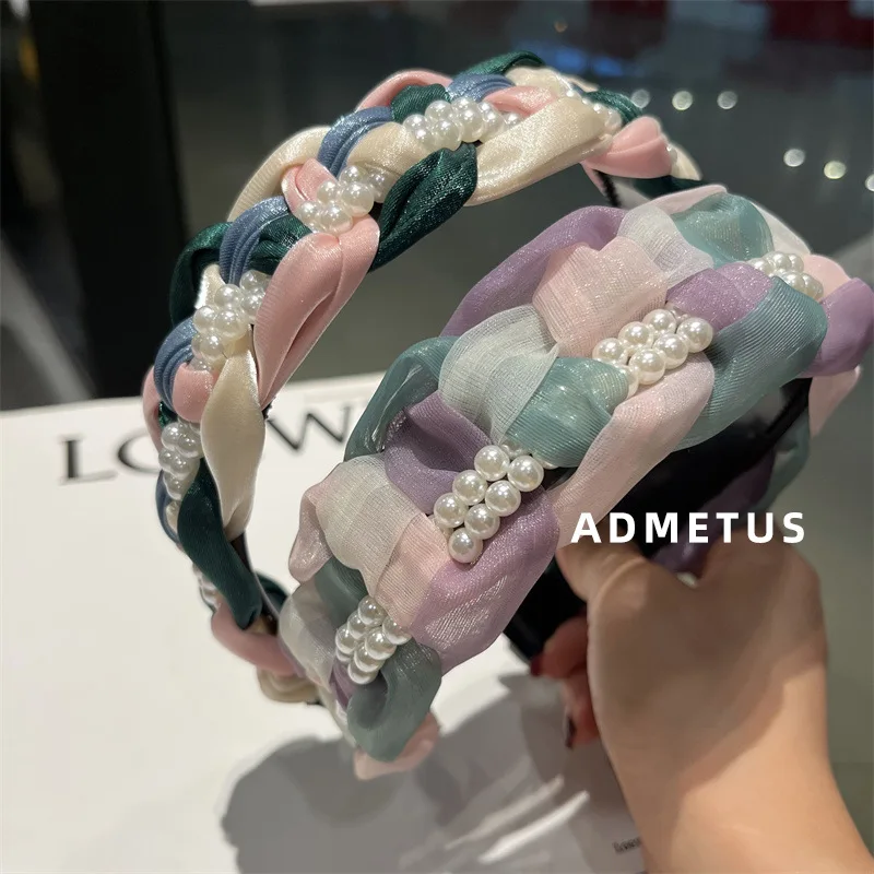 

Повязка на голову женская из органзы, плетеный вручную жемчужный бандаж, однотонный, розовый, в пасторальном стиле, украшение для волос с ши...