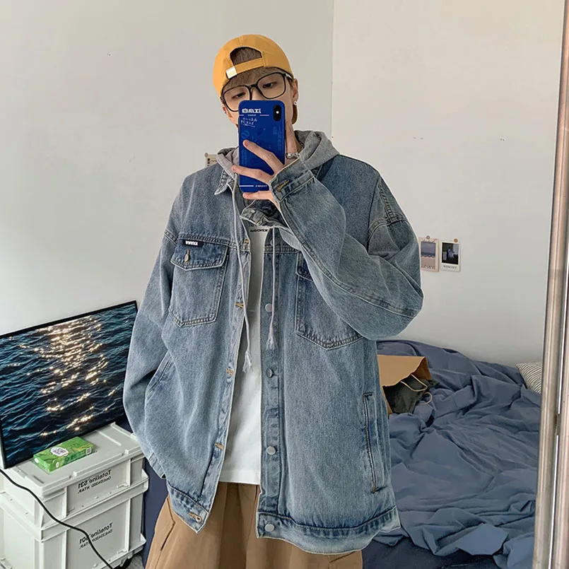 Джинсовая куртка мужская оверсайз с капюшоном модный жилет из денима в стиле