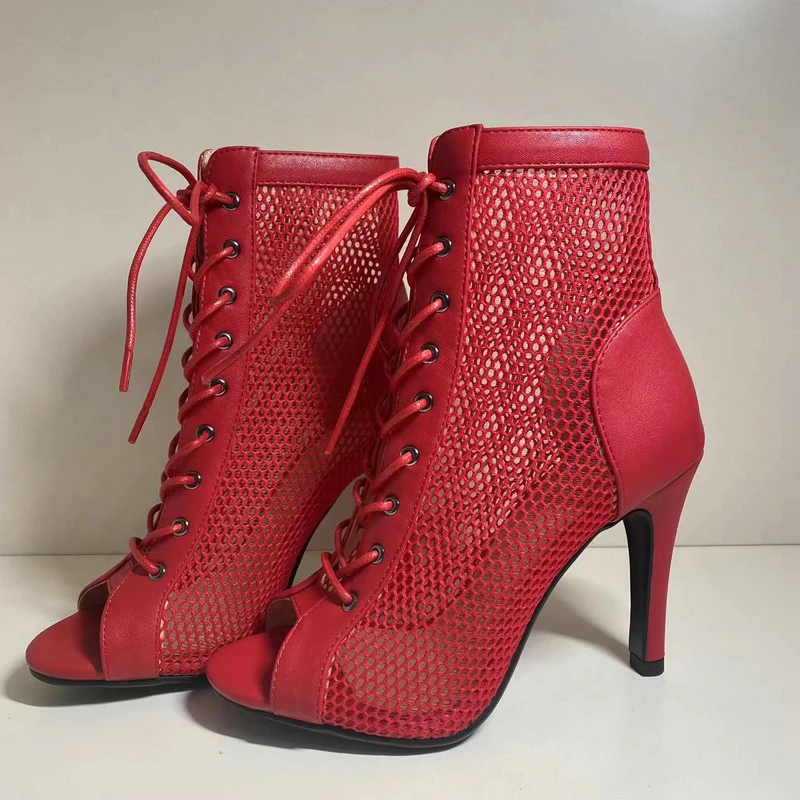Sell Well Plus Size 46 Women Dance Shoes High Quality Comfort 7CM Heels Jazz Ballroom Mesh Boots Peep Toe Lace-up Shoes Woman's