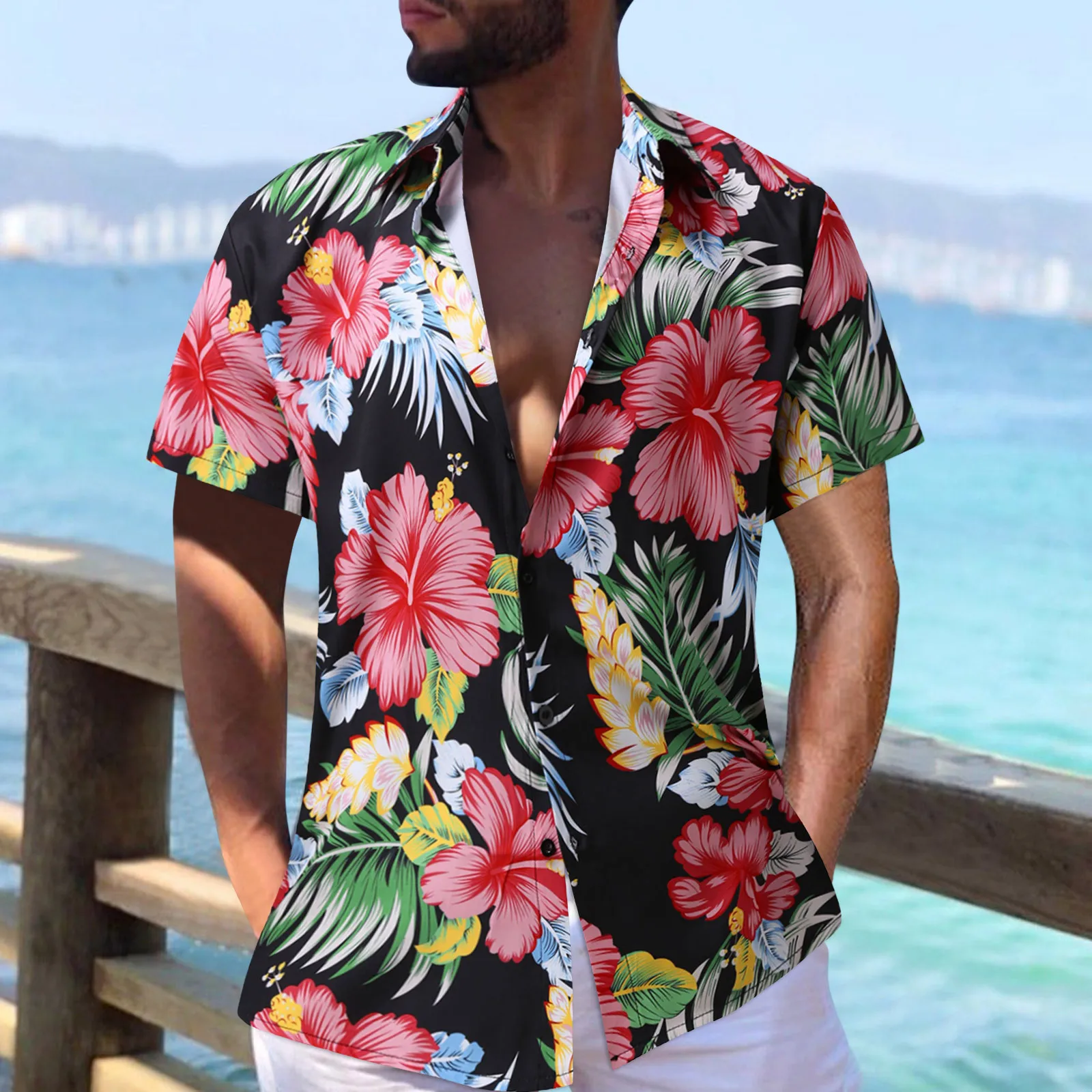 

Mens Beachwear Men Summer Printed Turndown Collar Casual Single Breasted Short Sleeve Shirts Cross Band