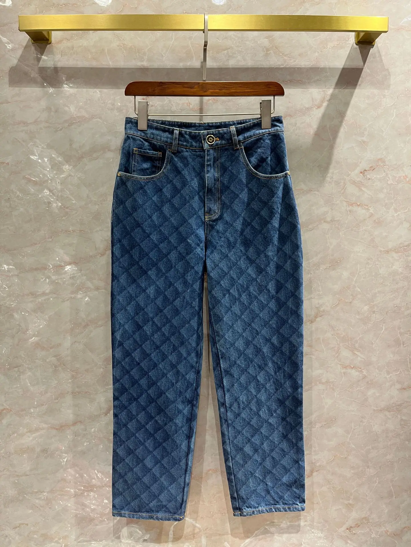 

Burnt Flower Rhomboid Pattern Women Jeans 2022 Autumn Design Casual Straight Leg Denim Pants