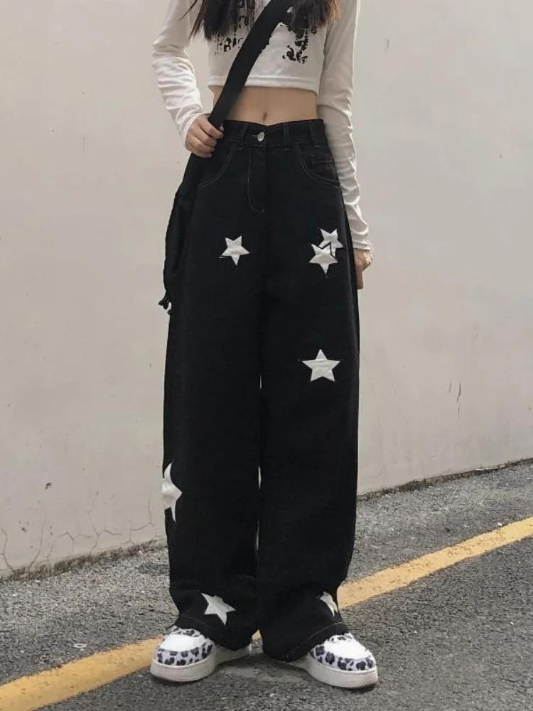 

Y2K Retro Streetwear Black Cargo Jeans Women Gothic Punk Vintage Kpop Print Wide Leg Denim Panrts Female Autumn Trousers