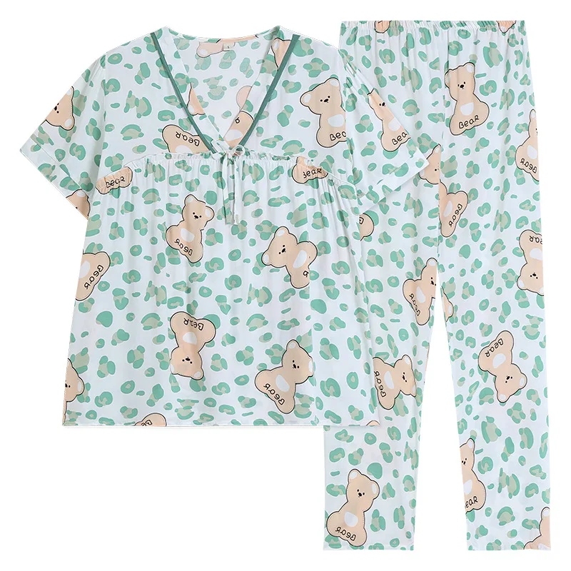 Spring and Summer New Pajamas Women's Short-sleeved Trousers Cotton Silk Suit V-neck Korean Version Thin Section Home Service