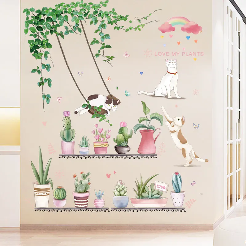 

Leaves Cats Wall Stickers DIY Potted Plants Mural Decals for Living Room Kids Bedroom Kitchen Home Decoration Accessories