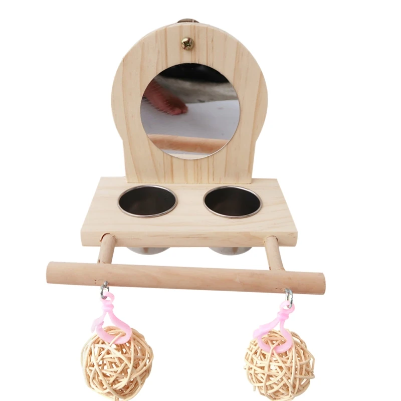

Parrots Mirror Play Stand Wooden Bird Perch Playgym Playground with Feeder Cup Bowls Chewing Rattan Balls