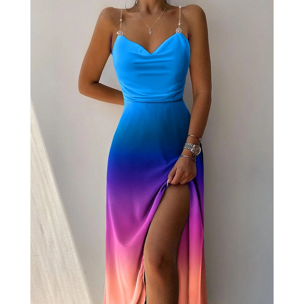 

Party Lady Ruched Split Thigh Slip Dress Summer Fashion Femme Ombre Spaghetti Strap Dress Women V-Neck Sleeveless Maxi Dress