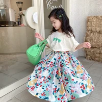 mila chou 2022 summer girls casual short sleeve heart t shirtflowers pleated skirt 2pcs suit children cotton set kids outfit