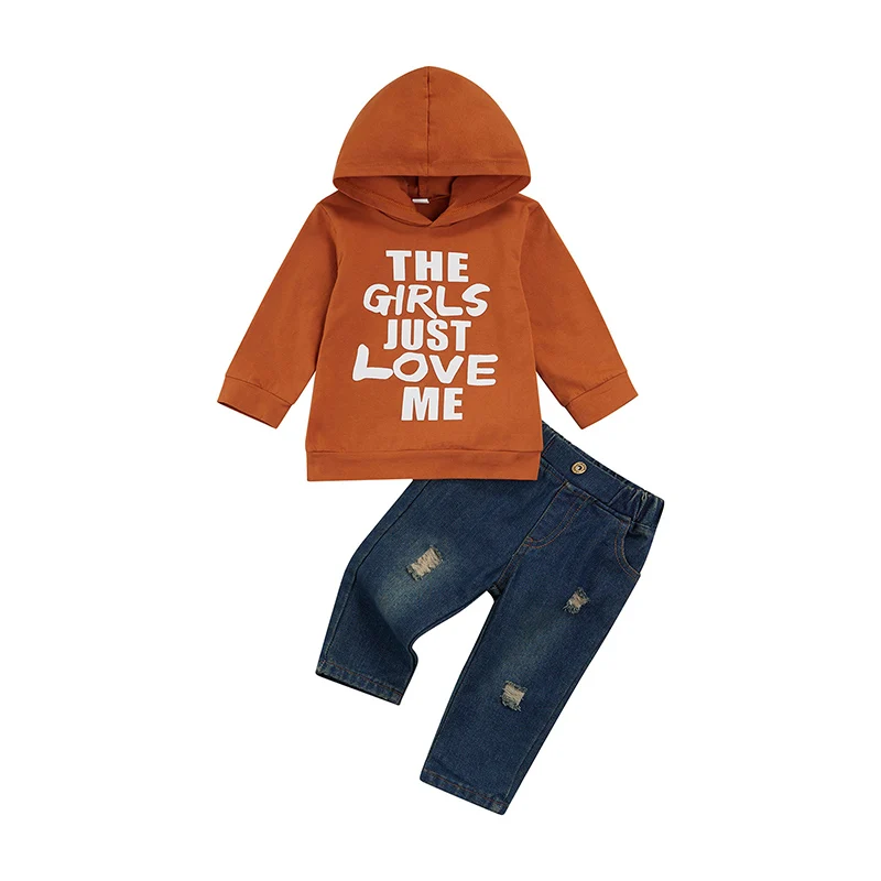 

Детский свитер с капюшоном, джинсы с принтом букв, эластичная талия, повседневная одежда, весенняя одежда